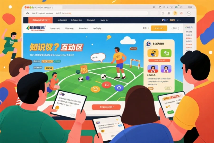 用户在体育网站的互动专区参与体育知识问答和小游戏,画面充满活力